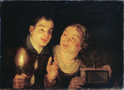Junge mit einer Kerze und Mädchen mit einer Mausefalle von Unbekannt Unbekannt